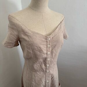 Beige Linen Button-Down Off the Shoulder Midi Dress